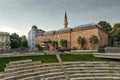 Amazing sunset view of Dzhumaya Mosque and Roman stadium in city of Plovdiv, Bulgaria Royalty Free Stock Photo