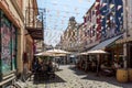 Street and houses in district Kapana, city of Plovdiv, Bulgaria