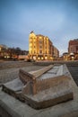 PLOVDIV CITY, BULGARIA - February 10 2020 - Center of the city with model of ancient roman stadium in front