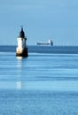 Plover Scar lighthouse, River Lune estuary, ship