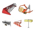 Plow, combine thresher, trailer and other agricultural devices. Agricultural machinery set collection icons in cartoon