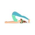 Plow Halasana Yoga Pose Demonstrated By The Girl Cartoon Yogi With Ponytail In Blue Sportive Clothing Vector