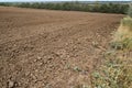 Plowed field and blue sky, soil and clouds of a bright sunny day - concept of agriculture Royalty Free Stock Photo