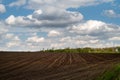 plowed field with lines and beautiful sky with clouds, black arable land Royalty Free Stock Photo