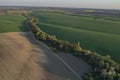 Plowed field and lush green forest on the background of wheat or barley field. Royalty Free Stock Photo