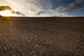 Plowed field prepared for planting crops at sunset Royalty Free Stock Photo