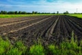 Plowed garden. Plowed chernozem. Cultivated farmland. Scenery Royalty Free Stock Photo