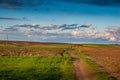 mix of plowed and green field, dirt road and hills, clouds at sky, the springtime Royalty Free Stock Photo