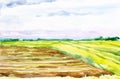 Plowed Russian field with forest in the background and grass in the foreground. Watercolor illustration of a rural location