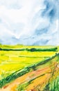 Plowed Russian field with forest in the background and grass in the foreground. Watercolor illustration of a rural location Royalty Free Stock Photo