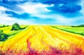 Plowed Russian field with forest in the background and grass in the foreground. Watercolor illustration of a rural location Royalty Free Stock Photo