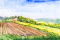 Plowed Russian field with forest and chapel in the background and grass in the foreground. Watercolor illustration of a rural Royalty Free Stock Photo