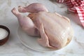 plucked chicken on a plate close-up, cooking.