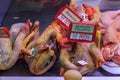 Plucked chickens for sale at the market in Ventimiglia Italy