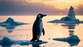 A plucked penguin stands on the last melting ice floe