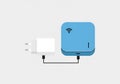 Plug adapter with two pins next to a square, blue electronic device featuring a Wi-Fi icon. Both Royalty Free Stock Photo