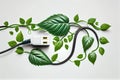 Plug cable covered with green leaves, white clean studio background
