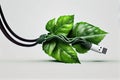 Plug cable covered with green leaves, white clean studio background