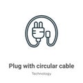 Plug with circular cable outline vector icon. Thin line black plug with circular cable icon, flat vector simple element Royalty Free Stock Photo
