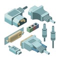 Plug computer connectors. Hand drawnmi vga audio jack and electricity port connections vector isometric pictures