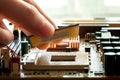 Plug CPU microprocessor to motherboard socket. Royalty Free Stock Photo