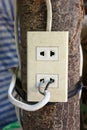 Plug socket and cable connecting on wooden