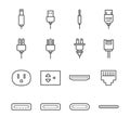 Plug and socket line icon set. Included the icons as electrical plug, usb, socket, audio jack, receptacle and more. Royalty Free Stock Photo