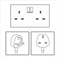 Plug and UK socket. Three 3 pin plug icon set. British socket. Electric power. vector graphic illustrated. Three pin socket sheme