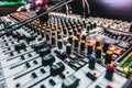 plugged in sound board mixer up close Royalty Free Stock Photo