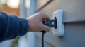 Plugging an electric car charger into a socket Royalty Free Stock Photo