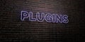 PLUGINS -Realistic Neon Sign on Brick Wall background - 3D rendered royalty free stock image Royalty Free Stock Photo