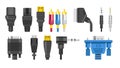 Plugs isolated icons, connection cables and connectors, audio or video adapters