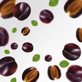 Plum background. Flying plum with green leaf on transparent background. 3D realistic fruits. Falling plum are whole and Royalty Free Stock Photo