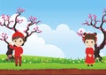 Plum blossom tree. with two chinese kid and beautiful landscape Royalty Free Stock Photo