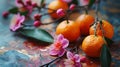 Plum blossoms flower and mandarin orange symbol of prosperity, lunar new year colourful backdrop , Chinese new year background.