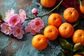 Plum blossoms flower and mandarin orange symbol of prosperity, lunar new year colourful backdrop , Chinese new year background.