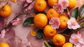 Plum blossoms flower and mandarin orange symbol of prosperity, lunar new year pink backdrop , Chinese new year background.