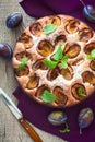 Plum cake over natural wood background Royalty Free Stock Photo