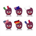 Plum cartoon character bring the flags of various countries