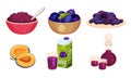 Plum Foodstuff with Sweet Juice and Prune Vector Set