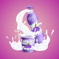 Plum fresh natural yogurt with splashing of milk swirl. Organic beverage vector cartoon illustration.