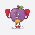 Plum Fruit cartoon mascot character in sporty boxing style