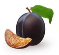 Plum fruit with green leaf and slice isolated on white Royalty Free Stock Photo