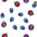 plum fruit green red prune vector seamless pattern