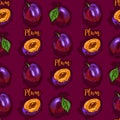 Plum fruit seamless pattern, Hand-drawn plums lettering plum on a purple magenta background. Watercolor stylization Royalty Free Stock Photo