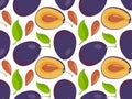 Plum fruit seamless pattern. Repeated background. Whole fruit and cut into halves. Farmer Market Logo. Colors Organic