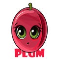 Plum fruits. Face. Inscription. The isolated object on a white background. Ripe. Cartoon flat style. Illustration