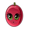 Plum fruits. Face. The isolated object on a white background. Ripe. Cartoon flat style. Illustration. Vector Royalty Free Stock Photo