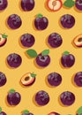 Plum fruits and slice seamless pattern with shadow on yellow background, Fruit vector illustration Royalty Free Stock Photo