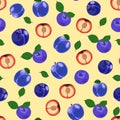 Plum fruits and slice seamless pattern with on yellow background, Fruit vector illustration Royalty Free Stock Photo